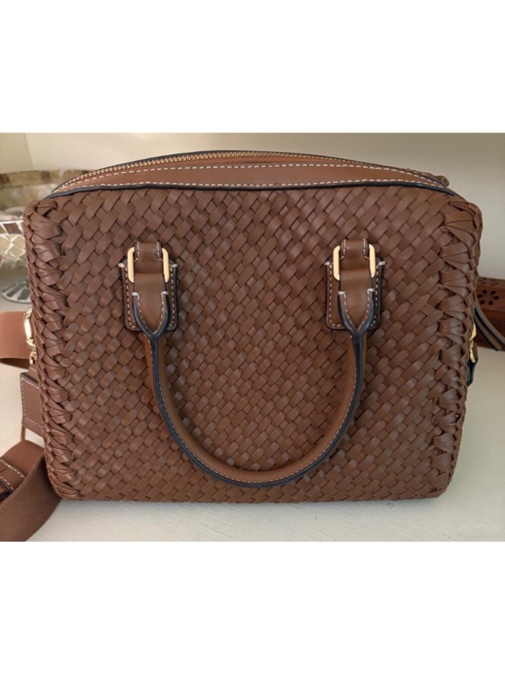 Tory Burch Thea Woven Leather McGraw Web Small Satchel Handbag Wide Crossbody Sh - Picture 7 of 16